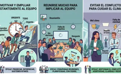 Un líder se pone al frente de un grupo de trabajo, motivándolos a superar obstáculos y priorizar tareas.