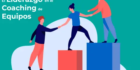Ilustración de tres personas colaborando en escalones, simbolizando el liderazgo y coaching de equipos para alcanzar metas.