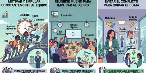 Un líder se pone al frente de un grupo de trabajo, motivándolos a superar obstáculos y priorizar tareas.