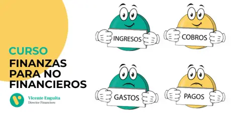 Curso de finanzas para no financieros. Personajes animados sostienen carteles: "Ingresos", "Cobros", "Gastos" y "Pagos".