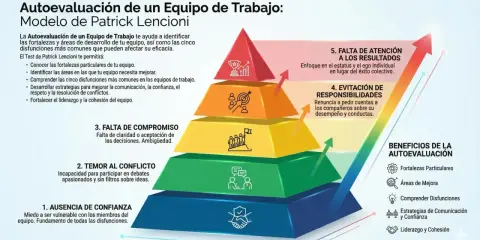 Pirámide de autoevaluación de equipo, modelo Lencioni. El test de liderazgo identifica fortalezas, áreas de mejora y disfunciones para optimizar el equipo.