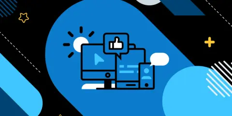Ilustración de dispositivos (computadora, tablet, móvil) con iconos de redes sociales, representando la comunicación sincrono vs asincrono.