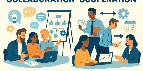 Ilustración de **trabajo cooperativo y colaborativo** en equipo, con personas discutiendo ideas, presentando proyectos y trabajando juntas en el día a día.