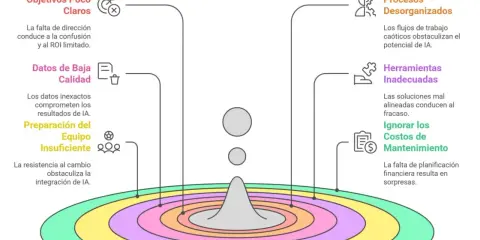 Errores comunes en la implementación de IA: objetivos poco claros, datos de baja calidad, equipo insuficiente, procesos desorganizados, herramientas inadecuadas e ignorar costos de mantenimiento. Un **test de integración** revela estos problemas.
