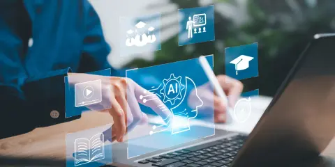 Persona interactúa con interfaz digital de inteligencia artificial y empleo, con iconos de aprendizaje y desarrollo profesional.