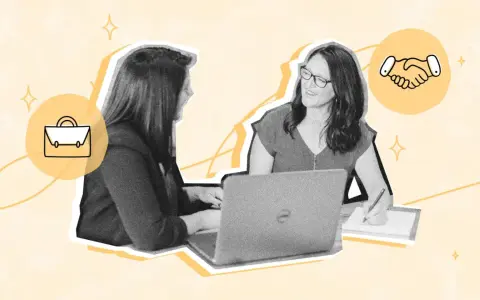 Dos mujeres discuten cómo hacer un contrato de trabajo en España, con iconos de maletín y apretón de manos.