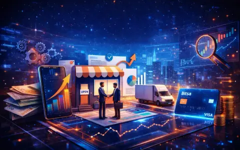 Dos hombres de negocios estrechan la mano frente a una tienda, simbolizando el futuro de los negocios con inteligencia artificial, con gráficos, dinero y una tarjeta de crédito.
