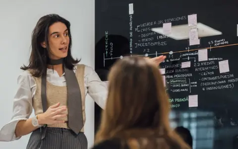 Mujer explica un diagrama en pizarra, parte de un programa de desarrollo de gestión.
