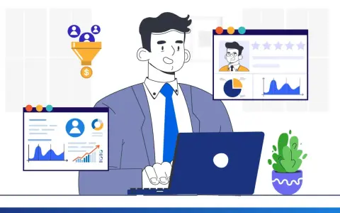 Hombre analizando datos de clientes en pantallas, con embudo de ventas y gráficos.