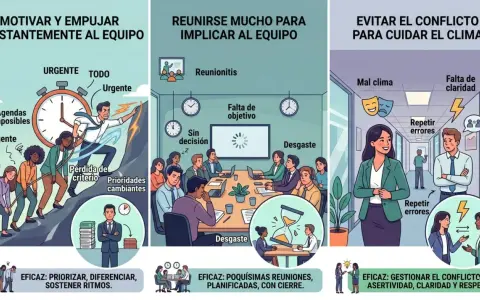 Un líder se pone al frente de un grupo de trabajo, motivándolos a superar obstáculos y priorizar tareas.