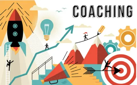 Coaching corporativo: cohete, bombilla, montañas y diana simbolizan el crecimiento y el éxito.