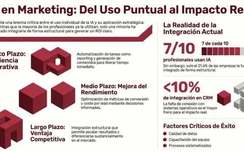Infografía sobre IA en marketing: muestra la brecha entre uso individual y estructural en la **empresa ia**, destacando beneficios a corto, medio y largo plazo.