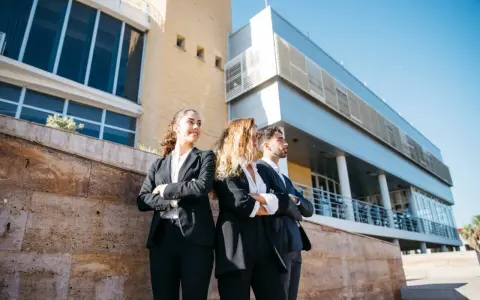 Tres jóvenes profesionales con trajes oscuros, con los brazos cruzados, posan frente a un edificio moderno. Aspiran a estar en los FT MBA rankings.