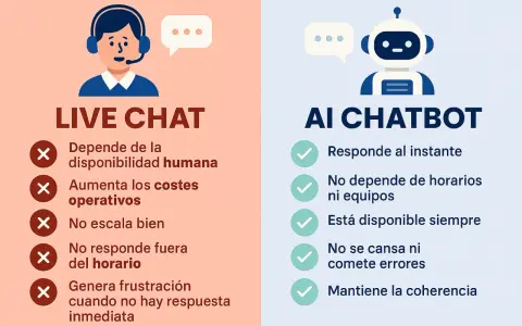Comparación entre Live Chat y AI Chatbot. El chatbot con inteligencia artificial ofrece respuestas instantáneas y disponibilidad constante, a diferencia del chat humano.