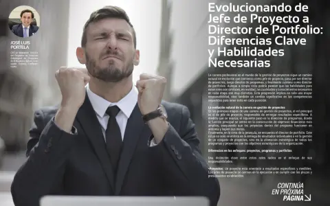 Hombre con puños cerrados, celebrando el éxito. El texto habla sobre las funciones de un encargado y la evolución profesional.