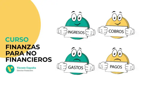Curso de finanzas para no financieros. Personajes animados sostienen carteles: "Ingresos", "Cobros", "Gastos" y "Pagos".