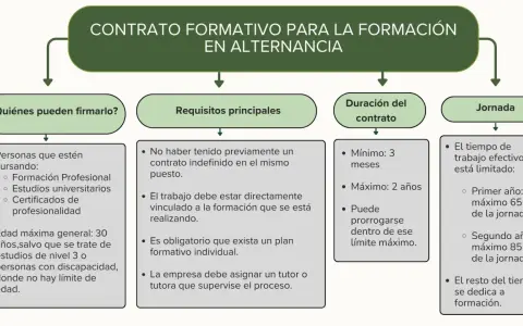 Diagrama sobre los tipos de contratos de prácticas formativas en alternancia: quiénes pueden firmarlos, requisitos, duración y jornada.