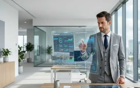 Hombre de negocios interactúa con un panel holográfico de datos, visualizando el futuro de su **global executive mba**.