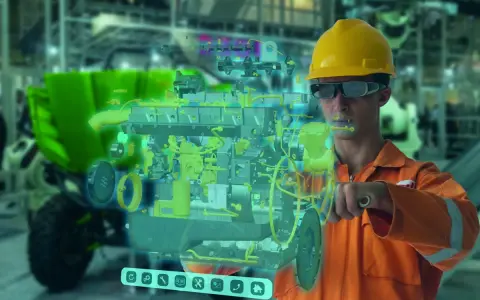 Ingeniero con gafas de realidad aumentada interactúa con un modelo 3D de motor, mostrando la innovación tecnológica en la industria.