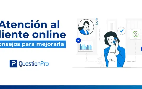 Ilustración sobre atención al cliente online, con consejos para mejorarla. Una mujer habla por teléfono, mientras un gráfico muestra métricas de satisfacción.