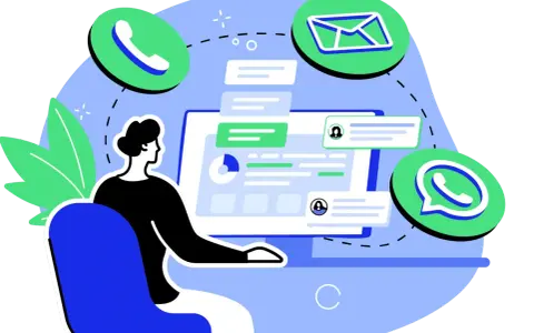 Persona trabajando en un ordenador con iconos de comunicación flotando. El software de desarrollo permite la conexión.