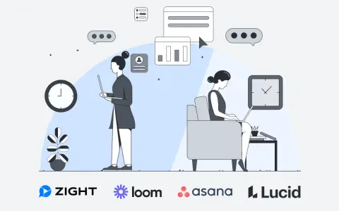 Dos personas trabajando en sus laptops, una de pie y otra sentada, con iconos de chat y gráficos, ilustrando la **comunicación asíncrona** y la eficiencia.