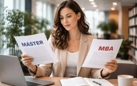 Mujer joven compara documentos de Máster y MBA, decidiendo su futuro académico y profesional.