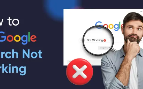 Hombre pensativo ante un buscador Google con "Not Working" y un símbolo de error. Soluciones para la búsqueda empresarial.