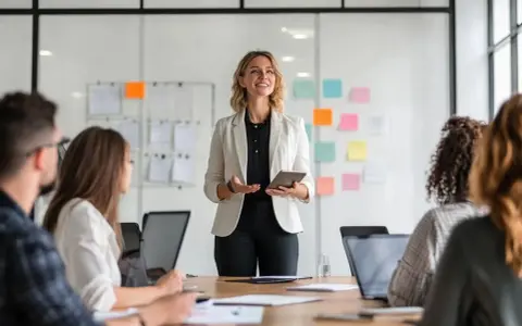 Mujer liderando reunión, explicando ideas para la gestión de equipos.