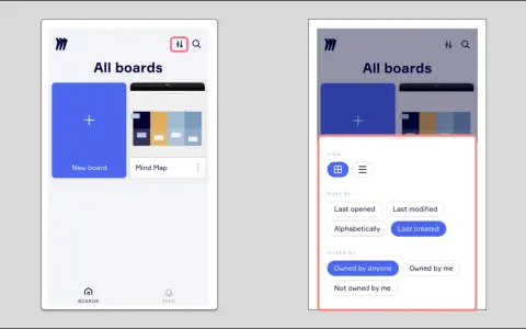 Pantalla de la miro app mostrando "All boards" con opciones de vista, ordenación y filtrado.