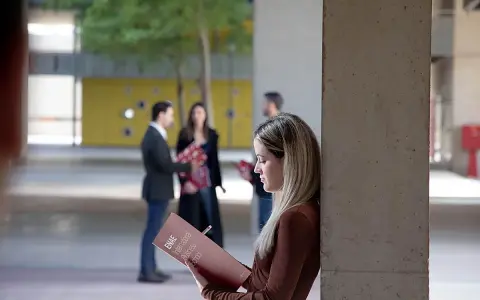 Estudiantes revisan materiales de estudio, como ejemplos de trabajos de oficina, en un campus universitario.