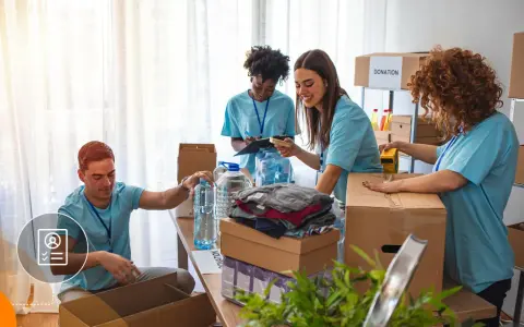 Voluntarios organizan donaciones. Un hombre revisa una lista, mientras otros empaquetan ropa y agua. Su cv volunteering es valioso.