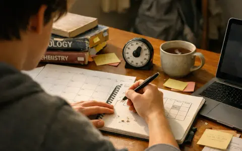 Estudiante planifica sus **trabajos mientras estudia**, rodeado de libros, un temporizador y una taza de té.