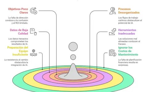 Errores comunes en la implementación de IA: objetivos poco claros, datos de baja calidad, equipo insuficiente, procesos desorganizados, herramientas inadecuadas e ignorar costos de mantenimiento. Un **test de integración** revela estos problemas.