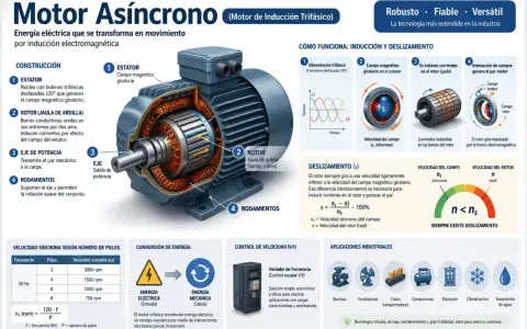 Motor asíncrono con rotor y estator, mostrando el campo magnético giratorio y la inducción. El deslizamiento es clave para el funcionamiento sincrono y asincrono.
