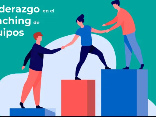 Ilustración de tres personas colaborando en escalones, simbolizando el liderazgo y coaching de equipos para alcanzar metas.