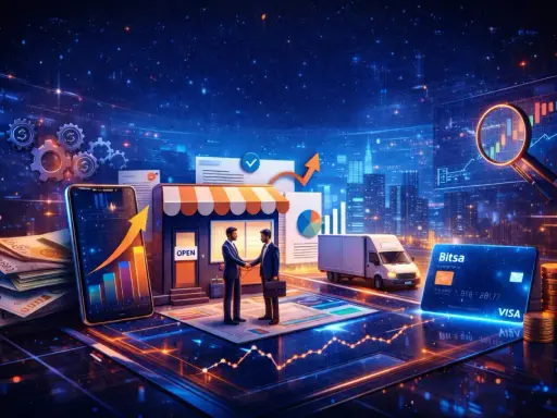 Dos hombres de negocios estrechan la mano frente a una tienda, simbolizando el futuro de los negocios con inteligencia artificial, con gráficos, dinero y una tarjeta de crédito.