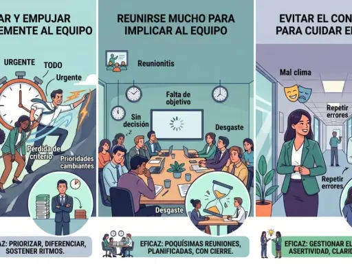 Un líder se pone al frente de un grupo de trabajo, motivándolos a superar obstáculos y priorizar tareas.