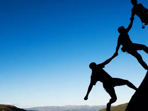 Siluetas de escaladores ayudándose mutuamente en una roca. Un ejemplo de cómo comportarse en el trabajo: colaboración y apoyo.