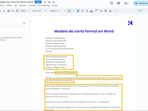 Plantilla para saber como se escribe una carta formal en Word, con campos para remitente, destinatario y el cuerpo del mensaje.
