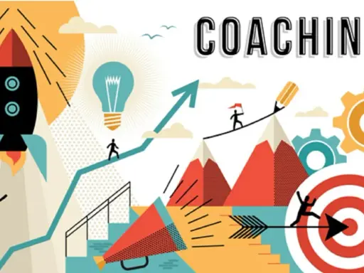Coaching corporativo: cohete, bombilla, montañas y diana simbolizan el crecimiento y el éxito.