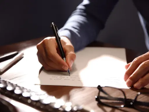 Mano escribiendo una carta formal con bolígrafo.