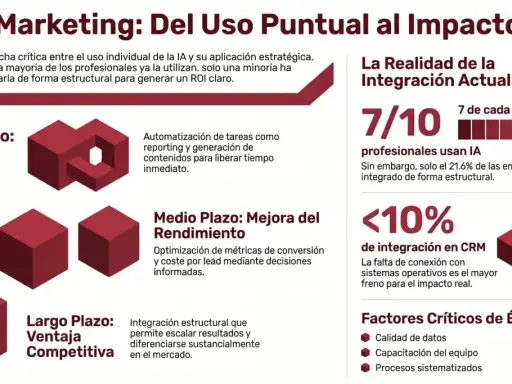 Infografía sobre IA en marketing: muestra la brecha entre uso individual y estructural en la **empresa ia**, destacando beneficios a corto, medio y largo plazo.