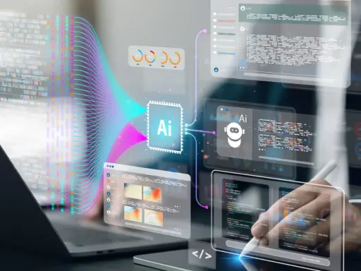 Un software architect diseña sistemas de IA, visualizando código y datos en pantallas holográficas.