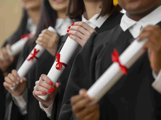 Graduados celebran el fin de su etapa para estudiar un MBA, sosteniendo sus diplomas con cintas rojas.