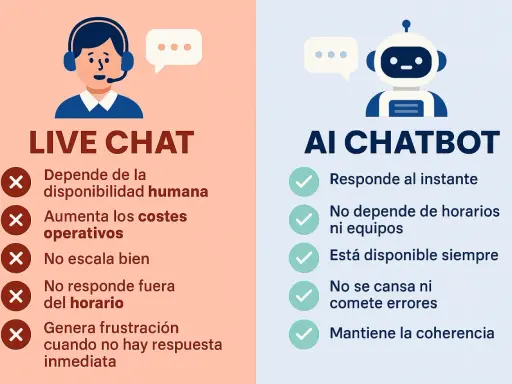 Comparación entre Live Chat y AI Chatbot. El chatbot con inteligencia artificial ofrece respuestas instantáneas y disponibilidad constante, a diferencia del chat humano.