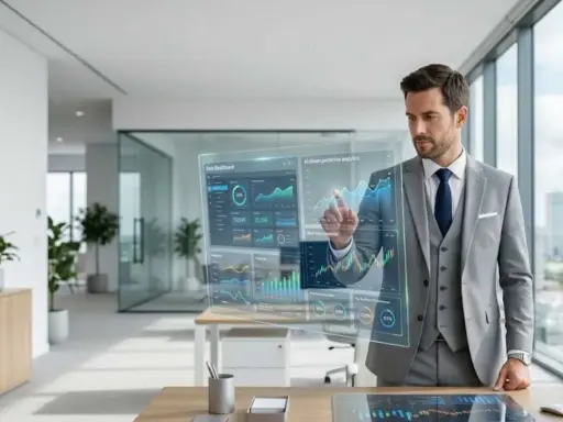 Hombre de negocios interactúa con un panel holográfico de datos, visualizando el futuro de su **global executive mba**.