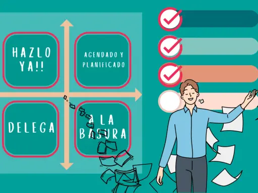 Un hombre feliz arroja papeles, mientras un diagrama muestra cómo escribir una agenda de reunión: hazlo ya, agendado y planificado, delega, a la basura.
