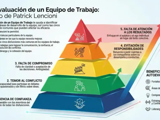 Pirámide de autoevaluación de equipo, modelo Lencioni. El test de liderazgo identifica fortalezas, áreas de mejora y disfunciones para optimizar el equipo.