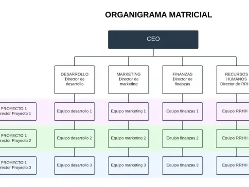 Organigrama matricial de una empresa con CEO, directores de área (Desarrollo, Marketing, Finanzas, RRHH) y equipos por proyecto.